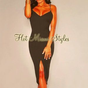 Hot Miami Styles Green Chain Straps Front Slit Midi Dress